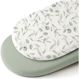 Konssy 2 Pack Muslin Fitted Bassinet Sheets for Baby Girl Boy, Soft Breathable Baby Bassinet Sheets Fit for Baby Bassinets, Cradle, Moses Basket Oval Rectangle Pad/Mattress (Green, Green Leaves)
