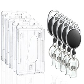 Uniclife Vertical ID Card Holder for 2 Cards with Thumb Slots, Hard Transparent PC Case Protector with Retractable Badge Holder Carabiner Clip for Credit Cards, Pack of 5