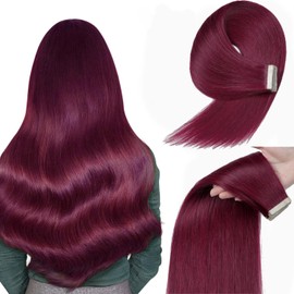 YDDM Tape-In Real Hair Extensions, 20 Pieces, 60 cm, 50 g, Burgundy Red, Invisible Tape Extensions, Real Hair Tape Extensions, Skin Weft Hair Extensions (24 Inches, 99JA#)