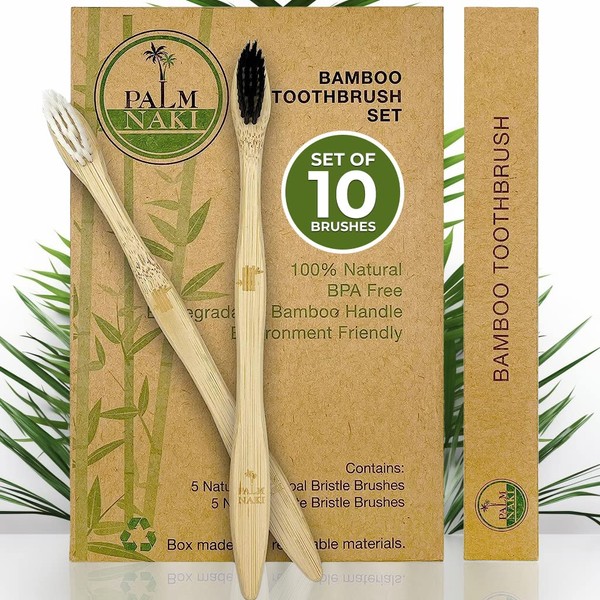 Palm Naki Bamboo Toothbrushes (10 Pack) - Eco Friendly, Biodegradable Toothbrushes, Soft Bristle Toothbrush, BPA Free