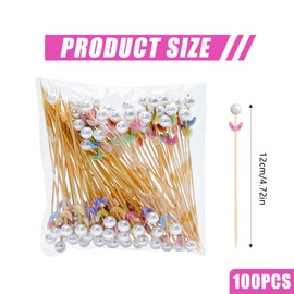 100 PCS Cocktail Sticks Wooden Toothpicks Disposable Cocktail Sticks Party Supplies, Toothpicks Decorations for Drinks, Fruit, Appetizers Food Cocktail Garnish 4.7 inch (Pearl Flower)