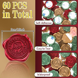 Whaline 60Pcs Christmas Wax Seal Stickers Santa Envelope Seal Stickers 3D Vintage Self-Adhesive Embossed Stickers for Xmas Invitation Greeting Cards, Burgundy Green Bronze