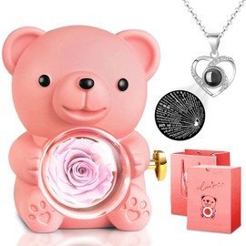 Eternal Rose Teddy Bear Gift Box with I Love You Necklace, Preserved Rose Flowers Surprise Box Roses Teddy Bear Gifts for Women Girlfriend Mother Wife Anniversary, Birthday, Valentine's Day, Mother's