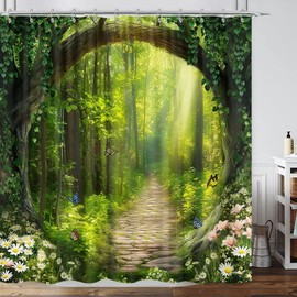 Forest Tree Shower Curtain Green, Rustic Nature Woodland Decorative Shower Curtain for Bathroom, Enchanted Forest Outdoor Jungle Scenic Farmhouse Shower Curtain Set with Hooks,60X72 Fabric