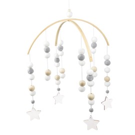 Uposao Mobile Baby, Wooden Baby Bed Mobile Wind Chime Rattle Toy with Felt Balls Newborn Children's Room Hanging Bed Bell Mobile Wind Chime Pom Pom Mobile for Cot, Stars, Grey
