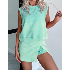 Two piece Skirt Set For Women Sleeveless Outfits 2025 Summer Tank Top and Lined Split Skirt Shorts Skort Lounge Sets Mint Green M