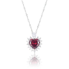 RIZILIA Ocean Heart Pendant Necklace with Simulated Red Garnet CZ, 18"+2" Adjustable Chain, White Gold Plated, Elegant Modern Design, Gift for Women