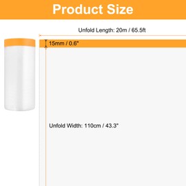 sourcing map 3 Rolls Pre-Taped Masking Film 43.3" x65.6ft Tape and Drape Painters Plastic Drop Cloth Film with Tape Plastic Sheeting for Automotive Painting Covering