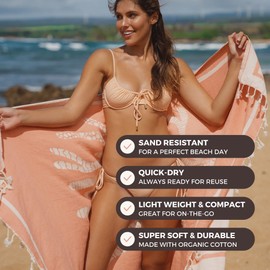 FESHKA Sand Free Turkish Beach Towel (37 x 67) Quick Dry Bath Towel, Oversized Beach Blanket, Lightweight for Travel - Made with 100% Organic Turkish Cotton - Coral (Pink)