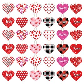 36Pcs Wooden Heart Embellishments, Red and Pink Wood Heart Slice, 12 Styles Wood Heart Tags Hanging Heart Decorative Ornaments Crafts for Mother's Day Valentines Day Wedding Anniversary Parties
