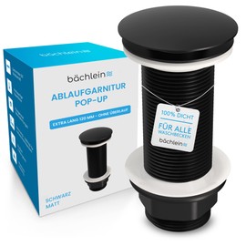 Bächlein Extra Long Universal Drain Fitting without Overflow (Matt Black) - Pop Up Valve for Countertop Washbasins