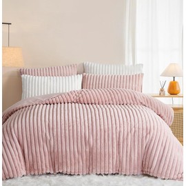 Erwinmu Fluffy Duvet Cover Set Queen Size Pink,Faux Rabbit Fur Plush Fuzzy Furry Bedding Set with Stripped Pattern,Shaggy Winter Warm Comforter Cover with Zipper Closure and 2 Pillow Shams