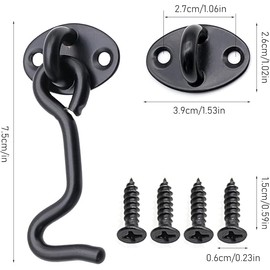 AMJKEJI Pack of 2 Storm Hooks, Cabin Hooks, Matt with Eyelet, Stainless Steel Door Hooks, Window Hooks, Small Vintage Hooks, Gate Door Hooks, Storm Hooks for Swing Door, Wood, Shutters (Black, 3