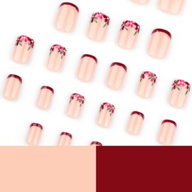 24 Pcs Flower Press on Nails Short Square Fake Nails Full Cover Spring Summer Stick on Nails with Red Floral Designs Glue on Nails Artificial Glossy Acrylic Nails for Women Wine Red French Nails