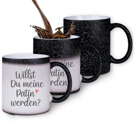 Zaubertasse "Willst Du meine Patin werden?" - Farbwechseltasse mit Glitzerpartikeln - Magic-Thermo-Effekt