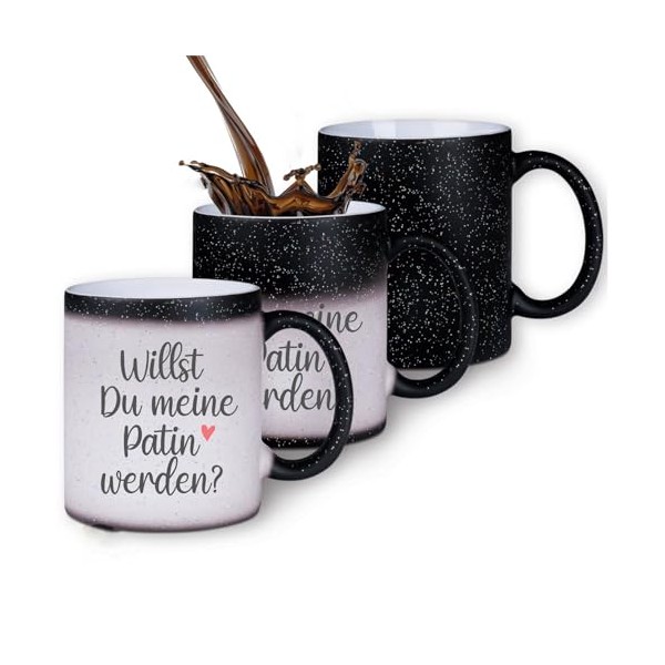 Zaubertasse "Willst Du meine Patin werden?" - Farbwechseltasse mit Glitzerpartikeln