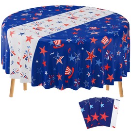 Oudain 3 Pcs 4th of July Round Tablecloth 84 Inch Plastic Patriotic Tablecloth Disposable Independence Day Table Cover Red White Blue Stars Decor for Memorial Day Dinner Party Supplies (Firework)