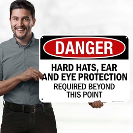 Danger Hard Hat, Ear And Eye Protection Required Beyond This Point Sign, 18x24 Inches, 55 mil thick HDPS (high density polystyrene), Made in USA by My Sign Center