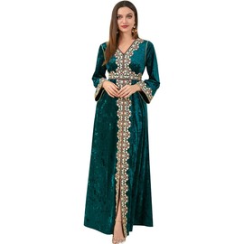 IDOPIP Velvet Abayas Dress for Women Winter Fall Long Sleeve V-Neck Embroidered Moroccan Split Maxi Kaftan Velour Dubai Robe Eid Arabic Turkey Abaya Evening Gown Islamic Clothing Dark Green L