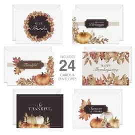 Canopy Street Traditional Thanksgiving Card Set / 24 Watercolor Autumn Note Cards / 4 5/8" x 6 1/4" Classic Fall Greeting Cards
