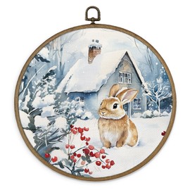 MAQIKA Christmas Winter Rabbit Framed Wall Art Decor, Bunny Wall Art,Winter Wall Art, Christmas Bunny Round Wall Hanging Decor, Winter Rabbit Canvas Wall Art for Bedroom Woodland Decor, 10x10 Inch