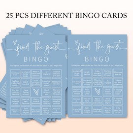 Wedding Shower Games Cards, 25Pcs Prefilled Find The Guest Bingo Game Cards, Engagement Party Games for Guests, Minimalist Blue Wedding Party Supplies - B19