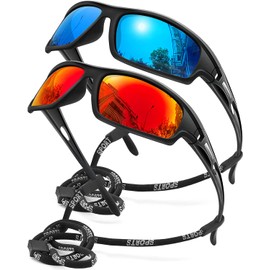 AWGSEE - Gafas anteojos de sol polarizadas deportivas para hombre, 100% protección UV envolventes alrededor irrompibles para pesca y conducción, Paquete de 2 azul+rojo, M