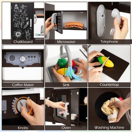 Costzon Corner Play Kitchen w/Lights, Sounds, Large Pretend Play Kitchen Set w/Blackboard, Microwave, Cooking Accessories, Wooden Montessori Sensory Toy for Kids 3+ Years Old (Espresso)