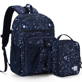 VASCHY Kids Backpack, School Bag Lunch Bag Set for Boys Girls 2-1 Rucksack Bookbag Insulated Lunch Box for Toddlers,Preschool,Daycare,Kindergarten,Elementary School Navy Universe