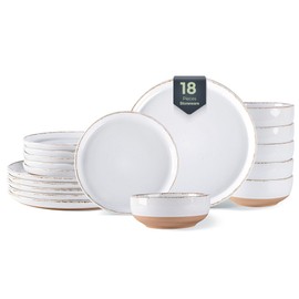AmorArc 18 Pieces Ceramic Dinnerware Sets for 6, Handpainted Stoneware Plates and Bowls Set with Rustic Terracotta Underside, Scratch Resistant Dishes Set, Dishwasher & Microwave Safe, White