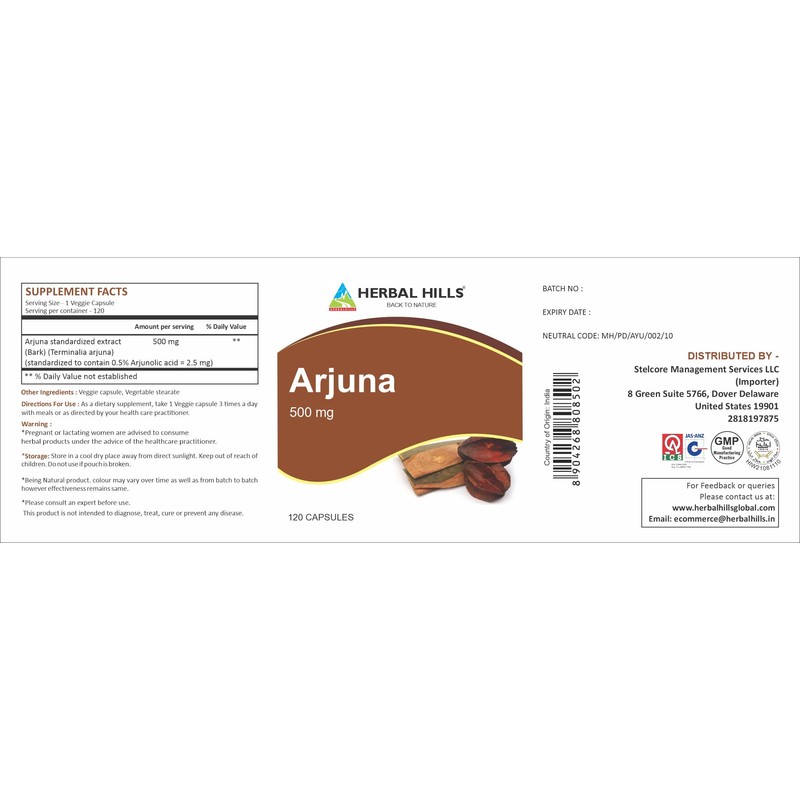 HERBAL HILLS Arjuna Capsules (Terminalia Arjuna) | 120 Count (500