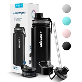 Wessper Stainless Steel Drinking Bottle 500 ml Leak-Proof Thermos Flask BPA-Free with 3 Lids Black Elegant Sports Water Bottle Insulated Flask Children Adults for Camping Bicycle Sports Outdoor