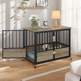 DWVO Dog Crate Furniture with Wheels, 38 Inch Dog Kennel Indoor Furniture End Table Dog Crate for Dogs, Farmhouse Decorative Wooden Dog Cage Table with Double-Doors, Chew-Resistant, Grey