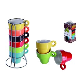 Out of the Blue 78/8086 Ceramic Espresso Cups, 5 x 5 cm, 6 Assorted Colours, on Chrome Stand