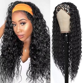 Curly Headband Wig Curly Headband Human Hair Wigs for Women Water Wave Headband Wigs 150% Density Glueless Half Wigs with Headbands (24 Inch,1B)