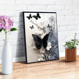 Black Butterfly 5D Diamond Painting Kits for Adults, Diamond Art Kit for White Flowers,DIY Full Round Drill Diamond Gem Art and Crafts Home Wall Decor 12 x 16 inch