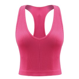 Attifall Women's 3 Pack Ribbed Racerback Crop Tank Top Seamless V-Neck Athletic Workout Cropped Tank Top Set(7306 Hot Pink-M/L