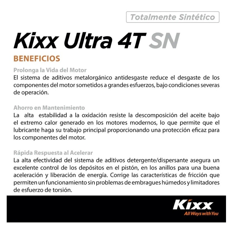 Aceite Moto Sintético Kixx Ultra 4t Sn/ma2 10w-40, 1l