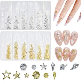 XEAOHESY 400 Pieces Alloy Gold Silver Shell Starfish Nail Charms Cute Shell Charms for Nails Gold Nail Charms Silver Nail Charms with 6 Sizes for Women Girls Nail Art