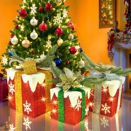 Succwoah Christmas Decorations, Set of 3 Christmas Lighted Gift Boxes, Decorative Snowflake Light Up Present Gift Boxes with Timer for Weddings Holiday Indoor Outdoor Xmas Tree Decor