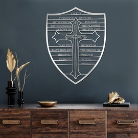 Armour of God Metal Wall Art, Bible Verse Large Wall Decor, Christian Cross Religious Hanging Sign, 3D Textured Metal Wall Sculptures, for Living Room Bedroom Bathroom Study Room Decoration (25x19 inch)