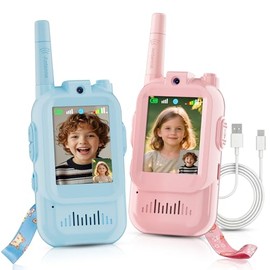 Walkie Talkie para niños con video: paquete de 2 juguetes recargables para niños pequeños con cámara HD y cambiador de voz, juguetes de regalo de largo alcance para niños y niñas de 3 a 8 años para jugar al aire libre, camping (rosa-azul)