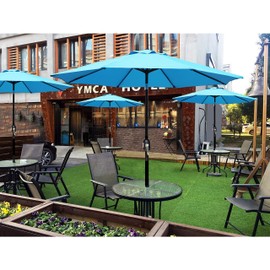 Blissun 9' Outdoor Aluminum Patio Umbrella, Market Striped Umbrella with Push Button Tilt and Crank (Light Blue)