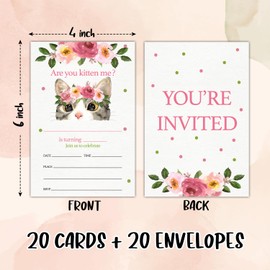 Floral Kitty Birthday Party Invite Card for Kid, Watercolor Cat Birthday Invitation for Girls Boys, Set of 20 Cards and 20 Envelopes, Are You Kitten Me Celebration Party Supplies for Teen - 12