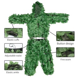 HYOUT Hooded Ghillie Suit Camo Suit Woodland & Forest Design 3D Green Leaf Clothing for Jungle Hunting Party, XL/XXL