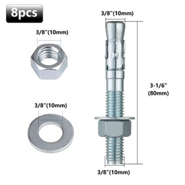 3/8" x 3-1/6" Zinc‑Plated Wedge Anchor – Heavy‑Duty Concrete Fasteners, Carbon Steel Expansion Bolts (Pack of 8)