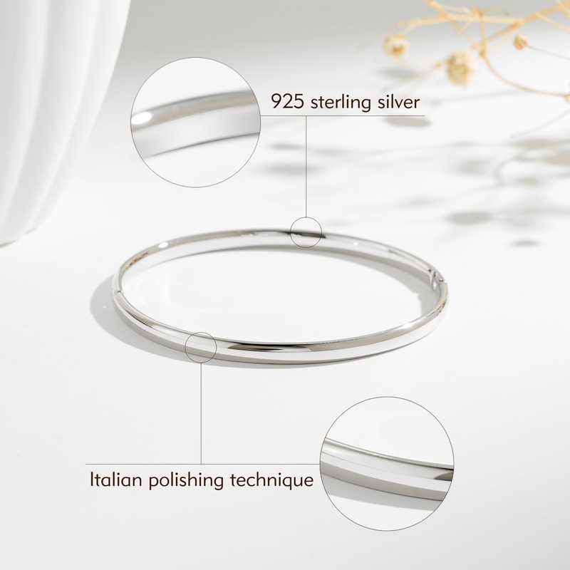 Porment 4mm Oval Silver Bangles for Women Dainty Sterling Silver