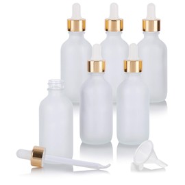 2 oz Frosted Clear Glass Boston Round Bottle with Gold Metal and Glass Dropper (6 pack) + Funnel