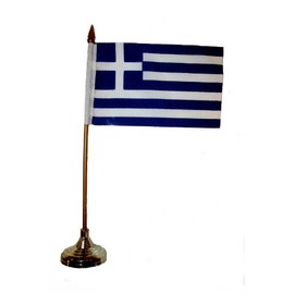 Greece Hellas Small 4 X 6 Inch Mini Country Stick Flag Banner with GOLD STAND on a 10 Inch Plastic Pole .. New