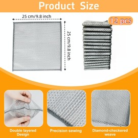 Extra-Large Size 12PCS Multipurpose Wire Dishwashing Rag,Non Scratch Wire Dishcloth, Reusable Steel Wool Scrubber,Non-Scratch&Quick-Drying&Odor-Resistant Multi-Purpose for Kitchen,Bathroom Cleaning